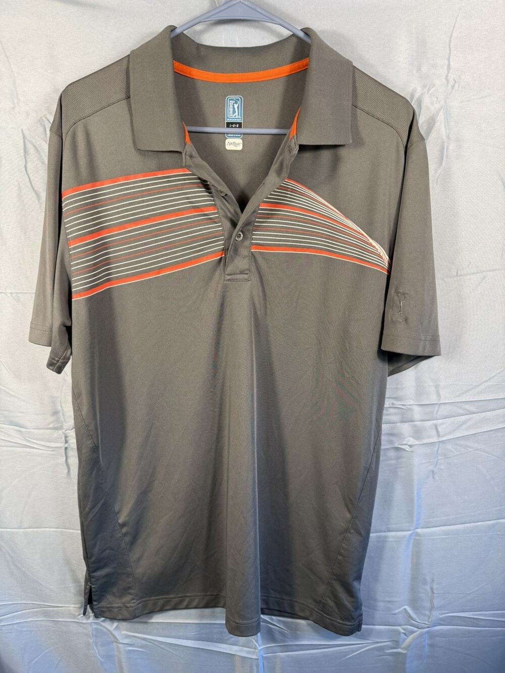 PGA Tour Airflux Men's L Gray Orange Stripe Golf Polo Shirt